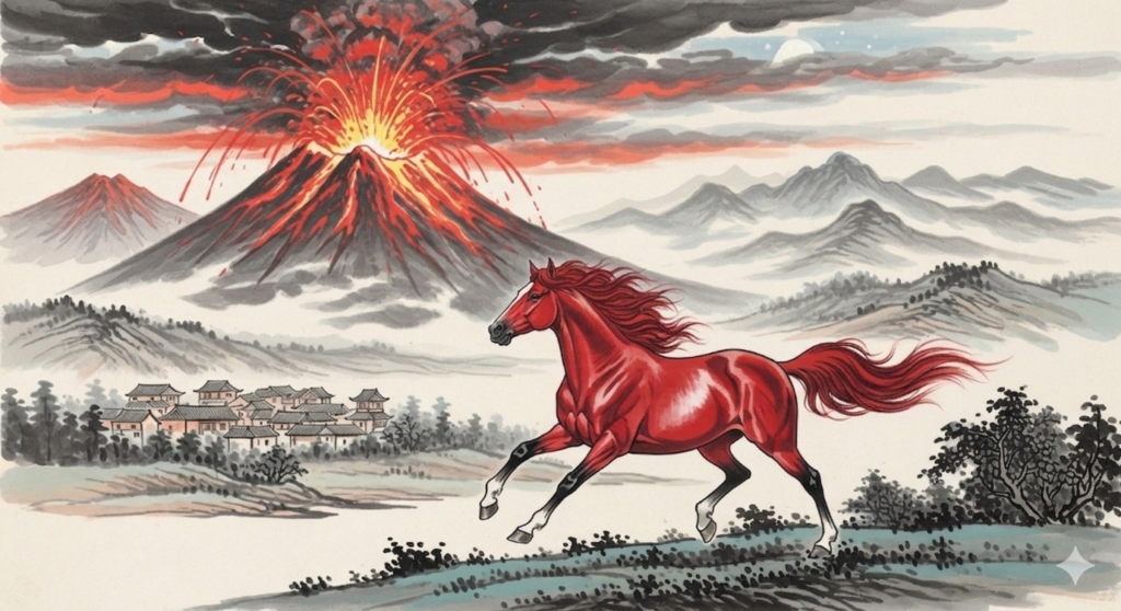 fire horse with a volcanic eruption